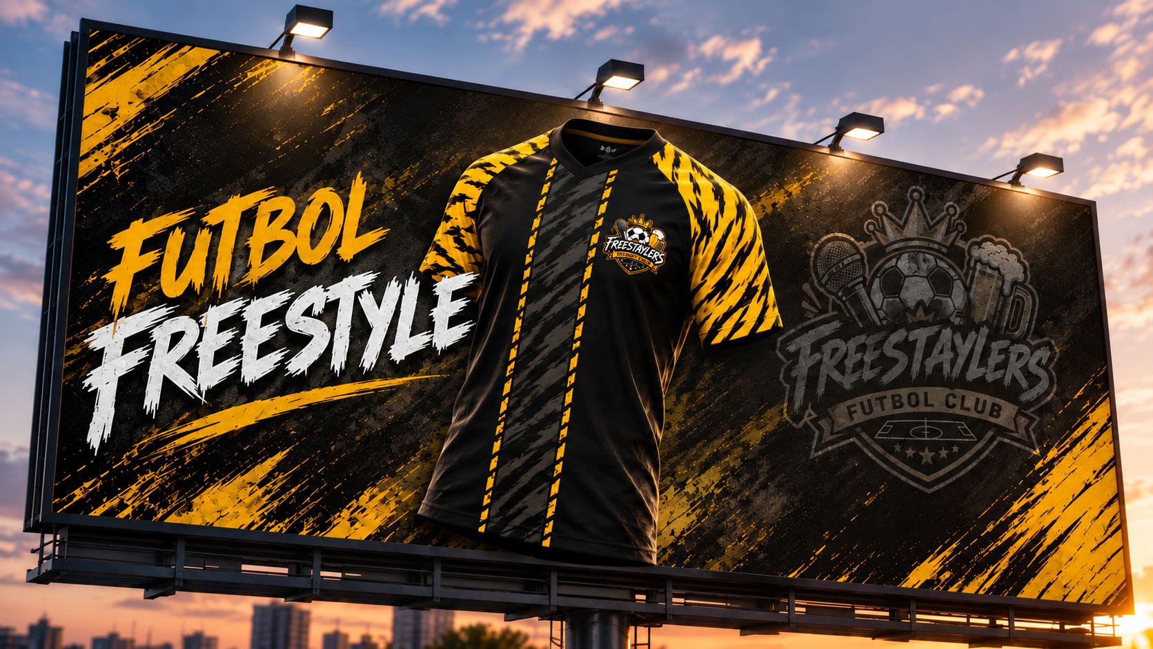 Cartel de Freestaylers con la equipación amarilla y negra y el escudo del club